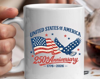 Retro Happy 250th Birthday USA Mug, American Independence Family Mug, 250th Anniversary USA Coffe Cup, USA Eagle Flag Souvenir Gift