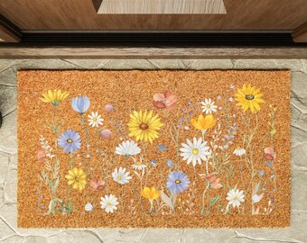 Wildflower Garden Doormat,Summer Daisy Welcome Mat,White Floral Doormat,Botanical Entryway Mat,Nature Lover Housewarming Gift,Spring Doormat
