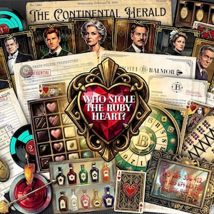 Puede incluir: Un juego de mesa de estilo vintage titulado "Who Stole the Ruby Heart?" con ilustraciones de personas, naipes, bombones y botellas. El juego tiene una temática de detectives con recortes de periódicos y un corazón de rubí.