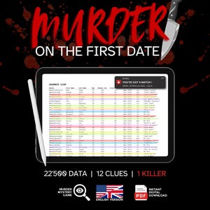 Moord op de eerste date | Printbaar moordmysterie woordzoekpuzzelboek – Digitaal misdaadonderzoekspel voor tieners en volwassenen