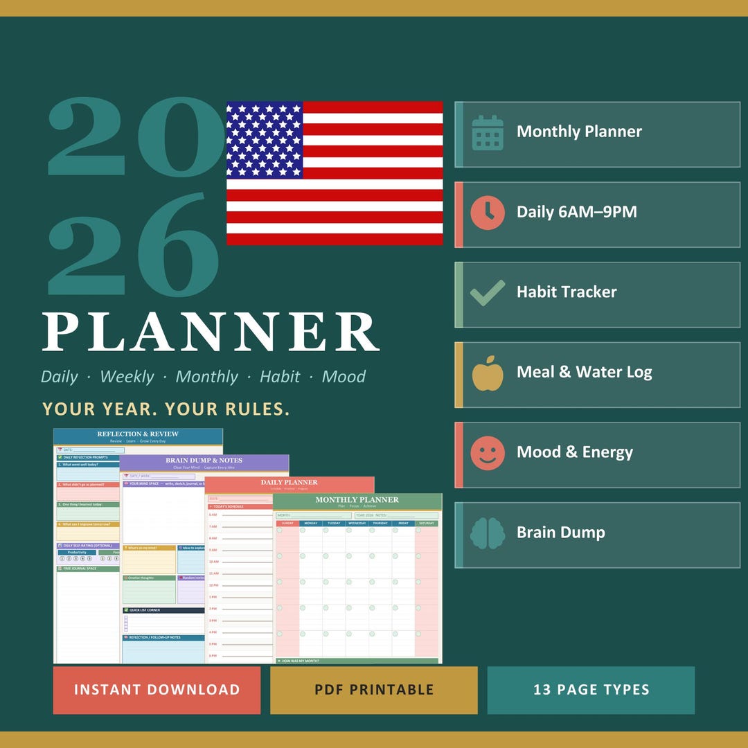 2026 Planner PDF Printable | Daily Weekly Monthly Habit Tracker Mood ...