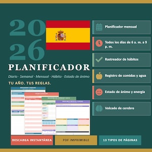 Planificador 2026 PDF Imprimible | Agenda Diaria Tracker Habitos Diario Personal