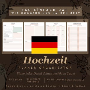 May include: A digital wedding planner with a blush and sage design. The planner includes pages for planning every detail of the perfect day. The image features the German flag and text in German. The planner is available in A4 and US Letter sizes.