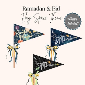 May include: Three Ramadan & Eid flag designs with a space theme. Each pennant features a different dark background with celestial and planetary illustrations, and the words "Ramadan Mubarak". The flags are adorned with decorative bows.