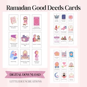以下が含まれることがあります： ラマダン善行カードのコレクション。さまざまなイラストとテキストプロンプトが特徴です。カードには、コーラン、読書をする少女、祈りのじゅうたん、その他の親切な行為の画像が含まれています。「デジタルダウンロード」という文字も表示されています。