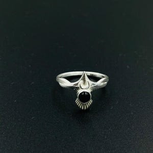 Celestial Crescent Moon Ring, Dainty Black Stone, Gothic Silver Band, Witchy Jewelry