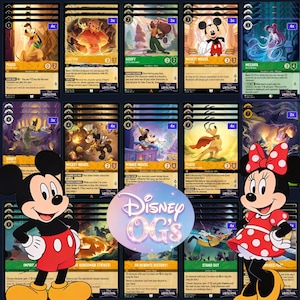 May include: A collection of Disney Lorcana trading cards featuring characters like Mickey Mouse, Minnie Mouse, Pluto, and Goofy. The cards have colorful illustrations and text, with the words "Disney OG's" in the center.