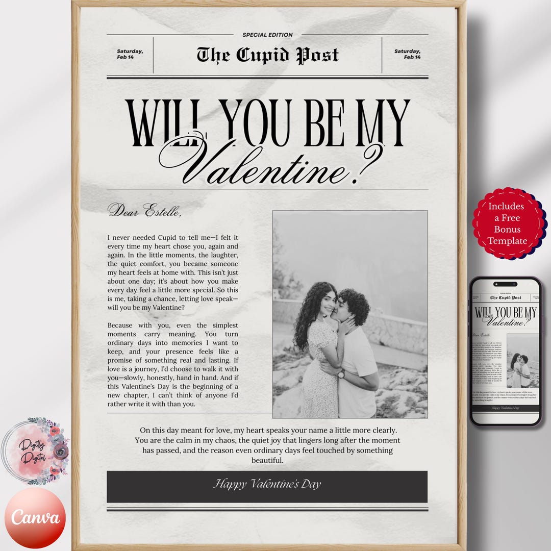 Will You Be My Valentine Newspaper Template, Cupid Post Newspaper ...
