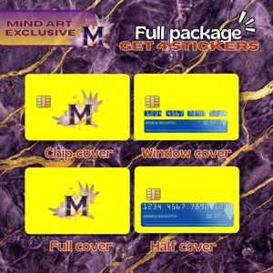 May include: A promotional image featuring four yellow credit card-shaped stickers. The stickers have different designs, including a chip cover, window cover, full cover, and half cover. Each sticker has the text "M" and "Full package GET 4 STICKERS".