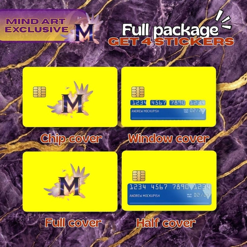 May include: A promotional image featuring four yellow credit card-shaped stickers. The stickers have different designs, including a chip cover, window cover, full cover, and half cover. Each sticker has the text "M" and "Full package GET 4 STICKERS".