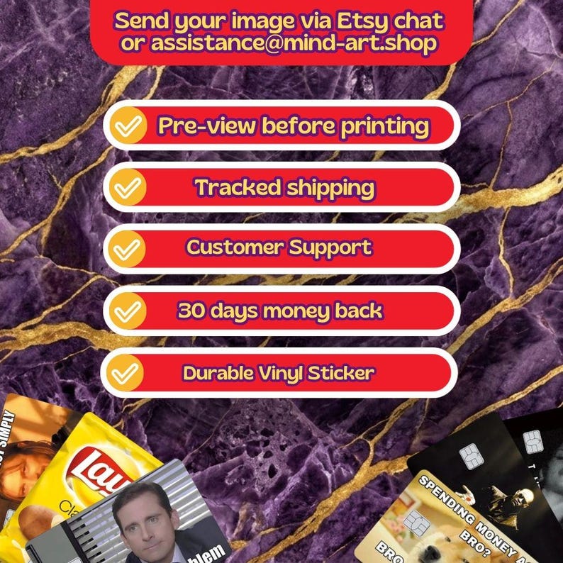 May include: A promotional image with a purple and gold marble background. Text includes "Send your image via Etsy chat" and "Pre-view before printing." Other text includes "Tracked shipping," "Customer Support," and "Durable Vinyl Sticker."
