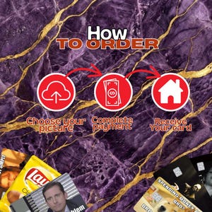 May include: Image with a purple and gold marble background. The text "How to Order" is at the top. Three red circles with white icons and text: "Choose your picture", "Complete payment", and "Receive your card". Credit cards and a bag of chips are at the bottom.