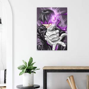 May include: A digital art print of a character in a black suit, purple mask, and white gloves, reaching forward. A glowing purple orb emanates from the character's hand, with purple ribbons trailing behind. The background features radiating purple lines.