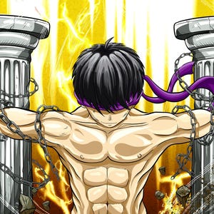 May include: An illustration of a muscular person with black hair and a purple headband, bound by chains, standing between two classical columns. The background is a bright yellow with lightning bolts and falling debris.