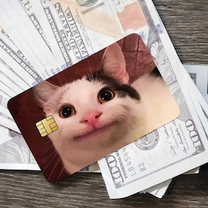 May include: A novelty credit card featuring a smiling cat face, with a gold-colored chip on the left. The card is placed on a background of US one hundred dollar bills, creating a playful contrast.