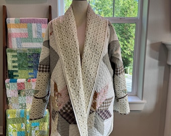 Made to Order Patchwork Quilt Jacket, Drama Shawl Collar, Oversized Cotton Quilt Coat, Sizes S to 4XL, Grand Cascade Quilted Coat
