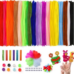 May include: A collection of colorful craft supplies, including pipe cleaners in various colors, wooden craft sticks, beads, feathers, googly eyes, and pom-poms. The pipe cleaners are arranged vertically, showcasing a spectrum of hues. These supplies are ideal for various craft projects.