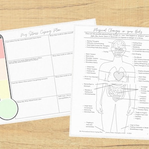 May include: Two white printed pages with text and illustrations on a wooden surface. One page is titled "My Stress Coping Plan" and the other "Physical Changes in your Body". A black notebook, pen, and a cup of coffee are also visible.