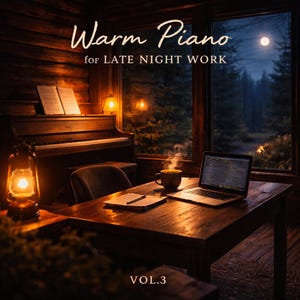 May include: An interior scene with a piano, desk, and window. The text "Warm Piano for Late Night Work" is displayed. A laptop, coffee cup, and notebook sit on the desk. A lit lantern and the text "VOL.3" are also visible.