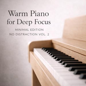 Puede incluir: Un piano de madera clara con teclas negras y blancas. El texto "Warm Piano for Deep Focus" se muestra en la parte superior, con "MINIMAL EDITION" y "NO DISTRACTION VOL. 2" debajo. El piano está sobre un fondo neutro.