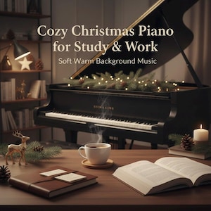 Puede incluir: Un piano de cola negro con el texto "Cozy Christmas Piano for Study & Work" y "Soft Warm Background Music". Una taza de café, un libro y una vela están sobre una mesa de madera. El piano está decorado con luces y vegetación.