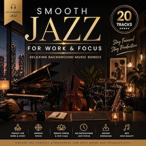 May include: An advertisement for a "Smooth Jazz" music bundle, featuring a grand piano, double bass, and saxophone. The text includes "For Work & Focus" and "Relaxing Background Music Bundle." The image also displays "20 Tracks" and icons for study, focus, and stress reduction.