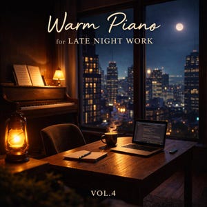 May include: A cozy scene featuring a piano, a lit oil lamp, and a laptop on a wooden desk. The text "Warm Piano for LATE NIGHT WORK" is displayed at the top, with "VOL.4" at the bottom. A cup of coffee steams on the desk, with a city skyline visible through the window.