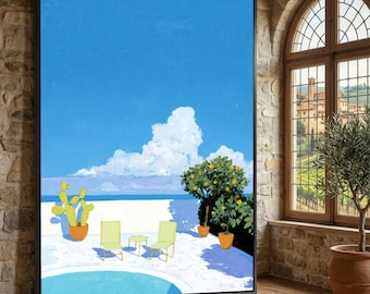 May include: A framed wall art print depicting a sunny terrace with a swimming pool, two light yellow chairs, a small matching table, a potted cactus, and a citrus tree against a bright blue sky with white clouds.