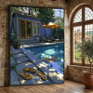 Lienzo con imagen de un soleado refugio junto a la piscina, acogedora escena al aire libre para decorar la pared, ideal para relajarse en verano, perfecto para el jardín o el patio. Decoración para el hogar y la sala de estar.