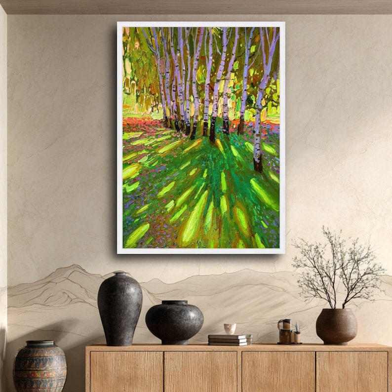 David Hockney Vibrant Birch Trees Canvas, David Hockney Impressionist Forest Scene, Colorful Nature Wall Art, Landscape Canvas imagem 5
