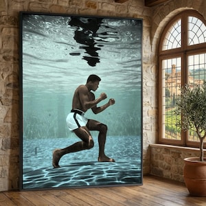 Könnte beinhalten: Gerahmter Druck eines Mannes, der unter Wasser boxt. Der Mann trägt weiße Shorts mit schwarzem Streifen und einen schwarzen Gürtel. Das Wasser ist hellblau und das Bild ist schwarz gerahmt.