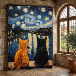 May include: Large framed canvas art depicting an orange tabby cat and a black cat observing a starry night sky above a river. The painting, in the style of Van Gogh, uses thick brushstrokes and vibrant colours. The artwork is displayed in a room with a brick wall and a window.