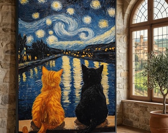 Starry Night Cats Canvas Wall Art, Van Gogh Night Sky Landscape, Whimsical Cat Silhouette Art, Home Decor Canvas