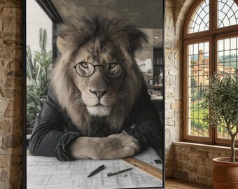 May include: Framed artwork featuring a lion wearing glasses and a dark suit, seated at a desk with blueprints. The lion's fur is a mix of brown and tan. The background includes a window with a view of a building and a potted plant.