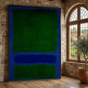May include: Large framed abstract painting with a dark green upper and lower rectangle, separated by a horizontal blue band, all set against a blue background. The artwork is displayed in a room with a brick wall and a large arched window.