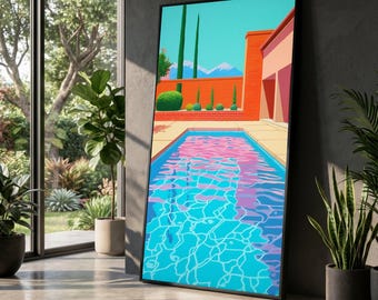 May include: A vertical rectangular framed wall art print depicting a swimming pool with bright blue and pink water, set against a vibrant orange wall, green cypress trees, and distant blue mountains under a clear sky.
