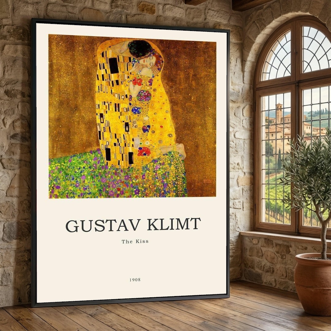 The Kiss by Gustav Klimt Canvas Wall Art, Romantic Embrace Gold Leaf ...