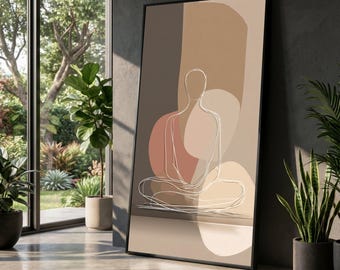 Tela minimalista com figura abstrata sentada, arte de parede em tons neutros, design moderno para meditação, decoração relaxante para casa, tela com silhueta de yoga.
