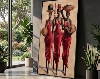 Elegant African Women Canvas, Red Dress Wall Art, Cultural Figurative Ethnic Home Decor, Hand-Painted Canvas Art, Sophisticated Female