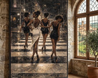 Elegante passeio noturno feminino, tela para parede com arte de rua moderna e elegante, cena de caminhada noturna chique, decoração urbana contemporânea, pronta para pendurar.