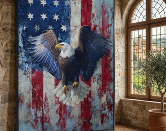 Majestic Bald Eagle Canvas Wall Art, American Flag Background, Patriotic Home Decor, USA Symbol Canvas, Eagle Flying Wall Art for Living