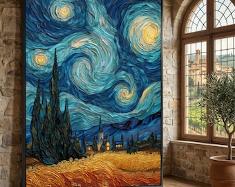 Van Gogh Starry Night Canvas Wall Art, Van Gogh Impressionist Swirling Sky Landscape, Classic Fine Art Print, Home Room Decoration