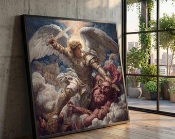 Archangel Michael Defeating Devil Canvas, Divine Warrior Wall Art, Heavenly Battle Scene, Spiritual Fantasy Canvas, Religious Home