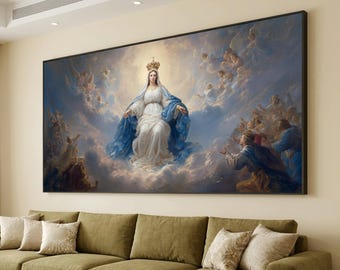 Può includere: Una grande stampa artistica rettangolare da parete che raffigura una figura femminile centrale con un abito bianco e un mantello blu con una corona dorata, circondata da nuvole e numerose figure in una scena celeste.