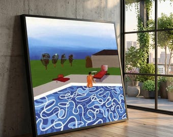 May include: A framed painting depicting a swimming pool with blue water and white swirling lines. A person sits on the edge of the pool near a red lounge chair. In the background, there is a green lawn, trees, and a building under a blue sky.