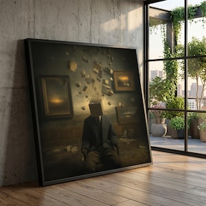 Surrealistisk exploderande kubhuvud på duk, abstrakt surrealistisk väggkonst, modern heminredning, konceptuell konst på duk