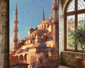 Könnte beinhalten: Gerahmter Kunstdruck einer Moschee mit mehreren Kuppeln und Minaretten, in warmen Beige-, Braun- und Goldtönen. Das Kunstwerk ist vor einem klaren blauen Himmel platziert und vermittelt ein Gefühl von Frieden und architektonischer Erhabenheit. Der Druck wird in einem Raum mit einer Backsteinmauer und Holzboden ausgestellt.