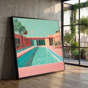 Peut inclure: Impression d'art encadrée représentant une scène de piscine moderne du milieu du siècle. L'œuvre présente une piscine turquoise, un sol carrelé rose et un bâtiment couleur corail sous un ciel turquoise avec un soleil couchant. Des palmiers et des chaises longues sont également visibles.