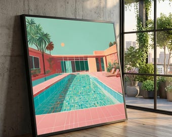 May include: A framed wall art print depicting a rectangular swimming pool with turquoise water, surrounded by a pink tiled deck and salmon-colored walls. Palm trees, lounge chairs, and a pale sun are visible under a light teal sky.