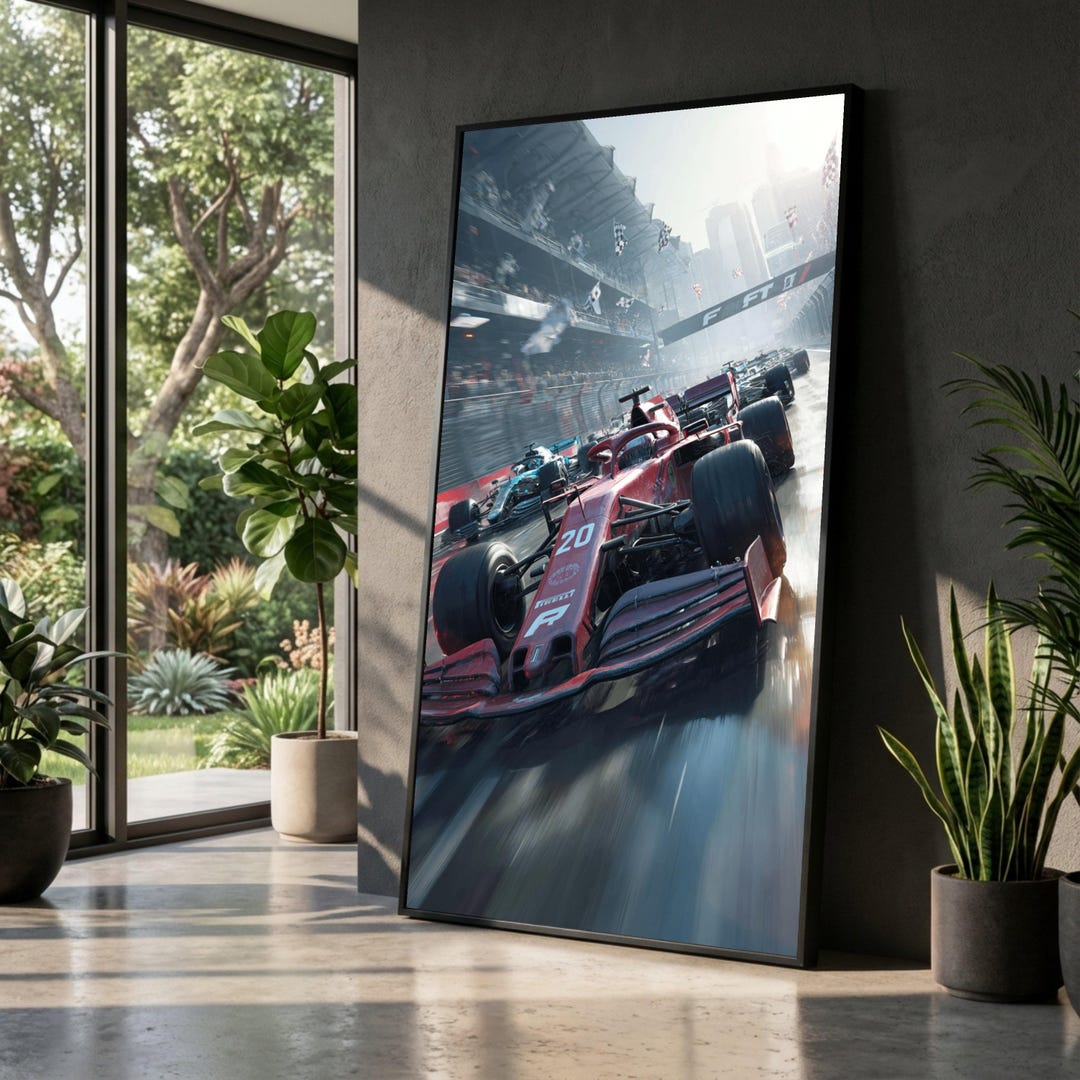 Dynamic Formula One Racing Scene Canvas, Red F1 Car Wall Art, Speed and ...